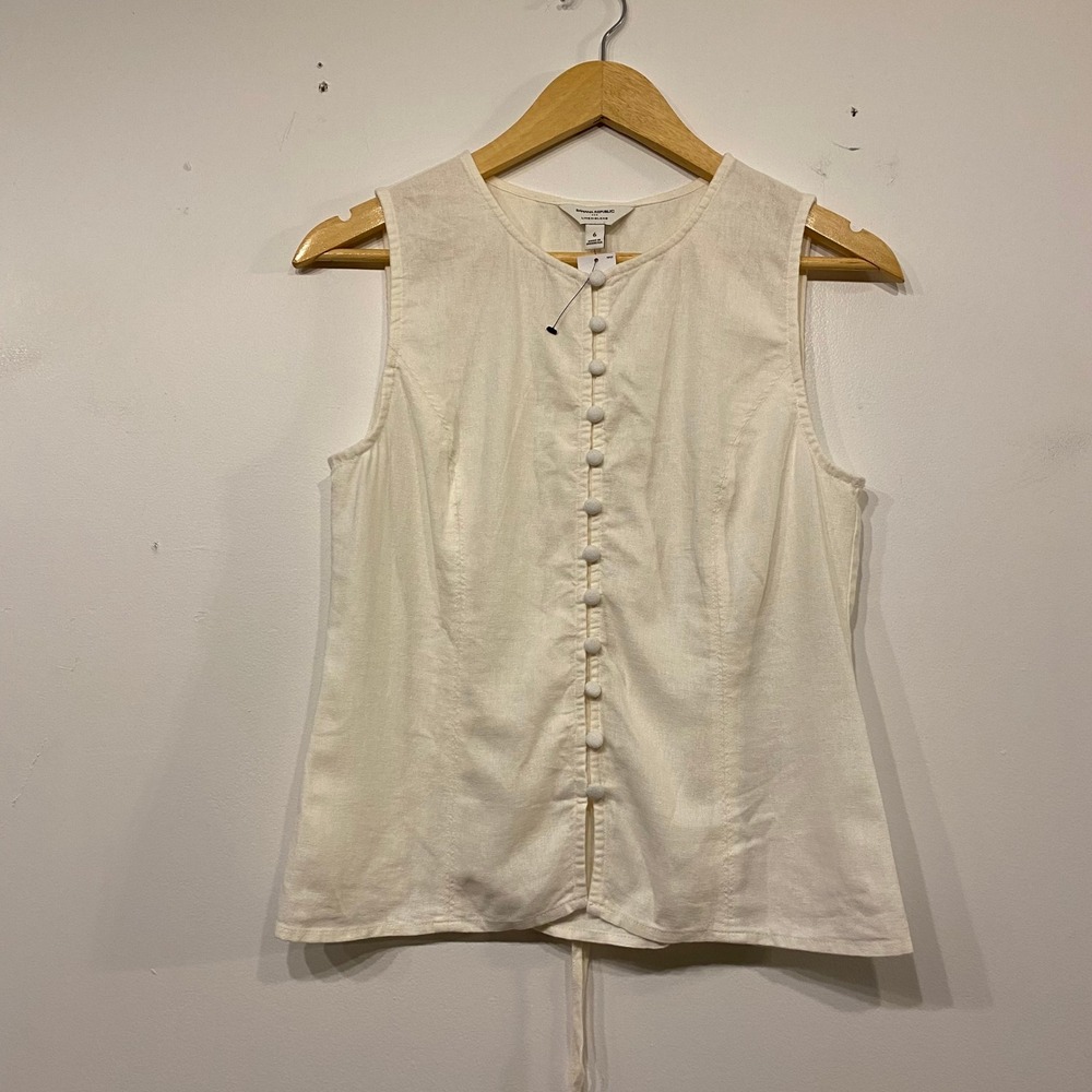 Banana Republic Preppy Linen Blend Button Front Tie Back Sleeveless Top Cream 6